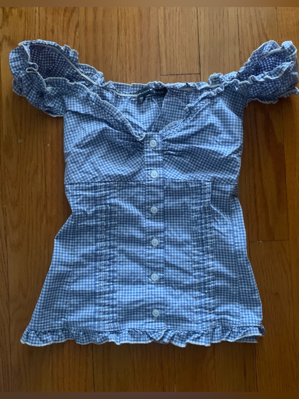 Brandy Melville Blue Gingham Off-Shoulder Button Front Top